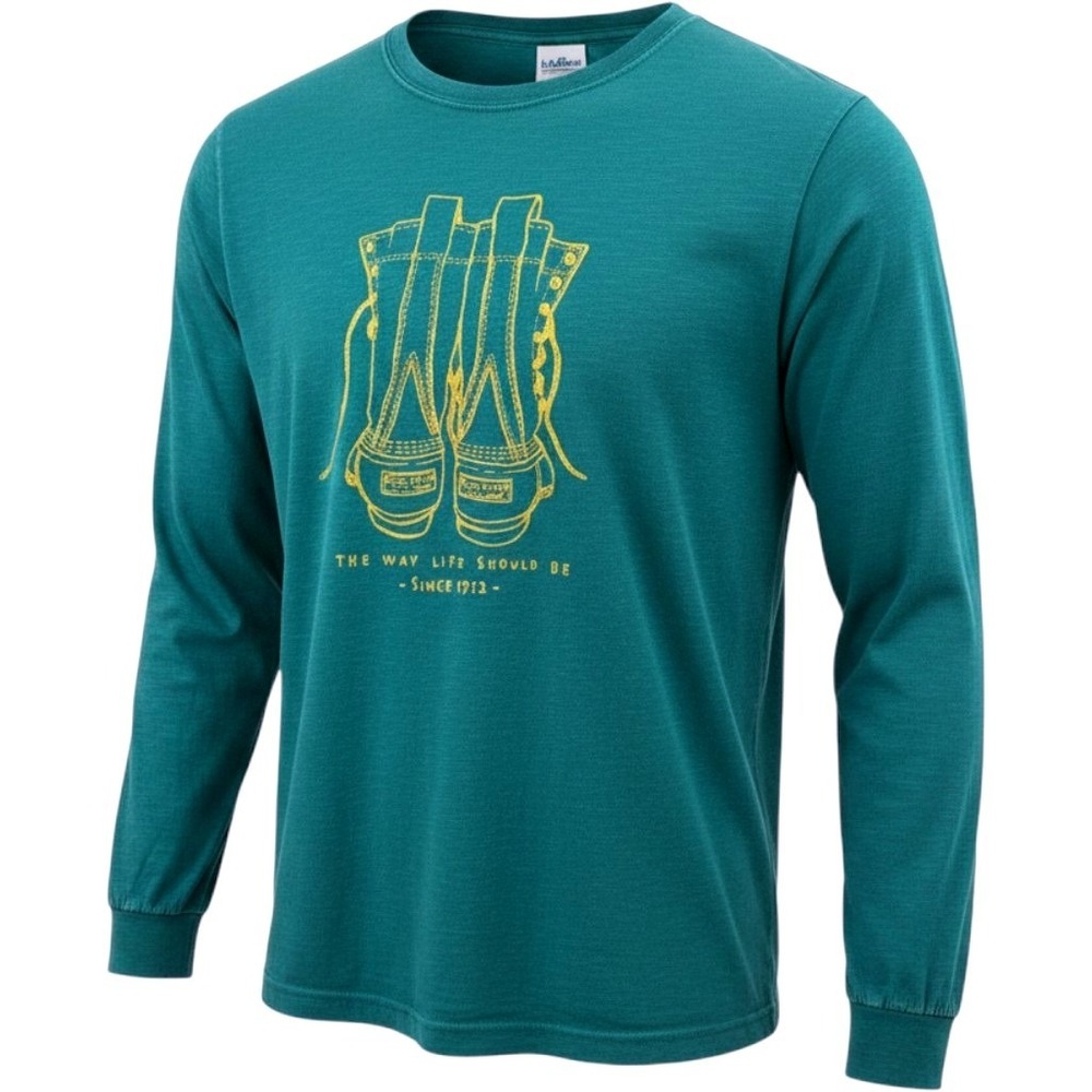 LL Bean Mens XL Teal Green Bean Boots Graphic Long Sleeve Tee Shirt Vintage